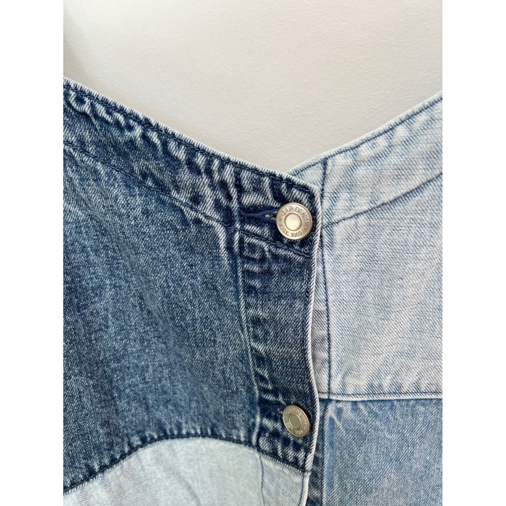 GAP Patchwork Denim Mini Dress Blue Button Front Sleeveless Pinafore L - Picture 6 of 7